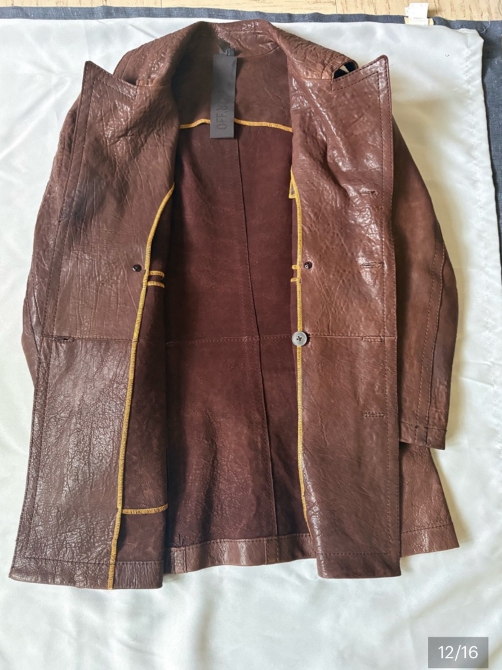 OFF-PR STYLE MEN'S BROWN LEATHER DOUBLE-BREASTED COAT SIZE 48 - Picture 5 of 16